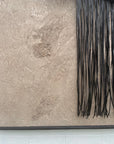 oversized textured painting sculpture detailed with concrete, plaster, ground pigments, ground crystals, detailed with a driftwood inserted loom embroidered with black leather yarn. in a shou sugi ban hand charred oak wood frame. 