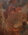 details of a textured sculptural artwork terracotta rust earth toned embroidered with leather 