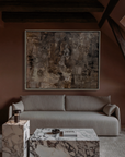large painting for sale staged in a modern interior design 
